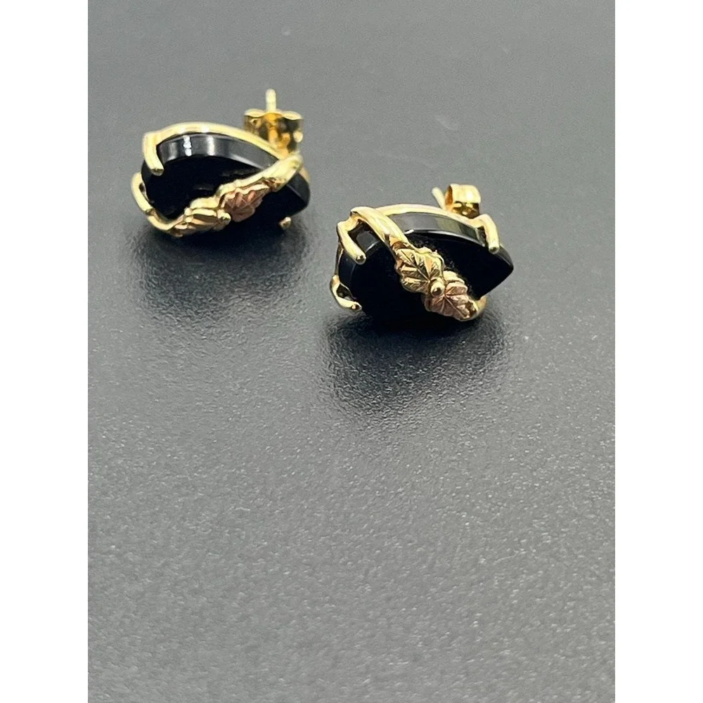 Black Hills Gold C. Co 14k Vintage Onyx Leaf Vine Estate 10k Stud Earrings 3 Gr
